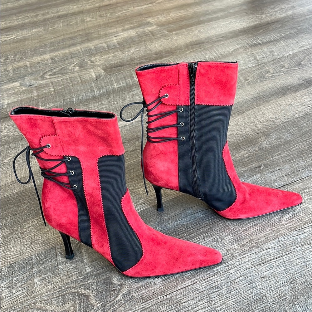 Vintage Costa Blanca Red Suede and Black Pointed Toe Boots Size 8